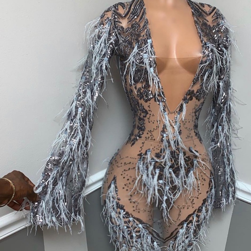 Custom Made Crystal Sequin & Ostrich Feather Dress